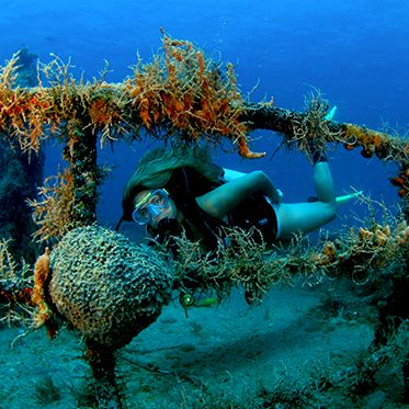 Divemaster diving on a wreck on padi divemaster internship program