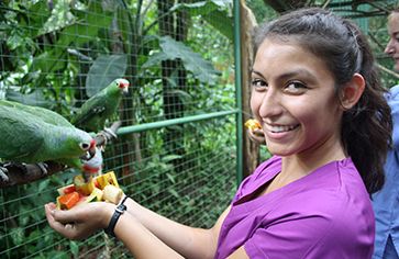 students feeding tropical birds on vet trip for teens