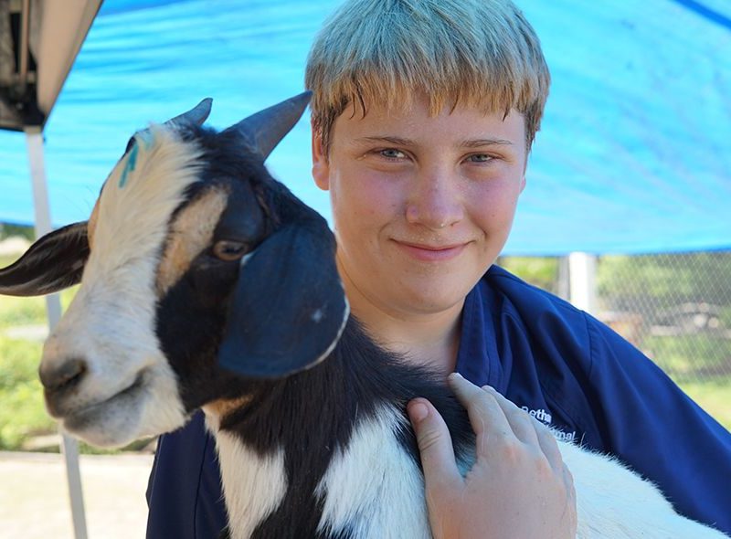 Student with goat on animal science camp Broadreach