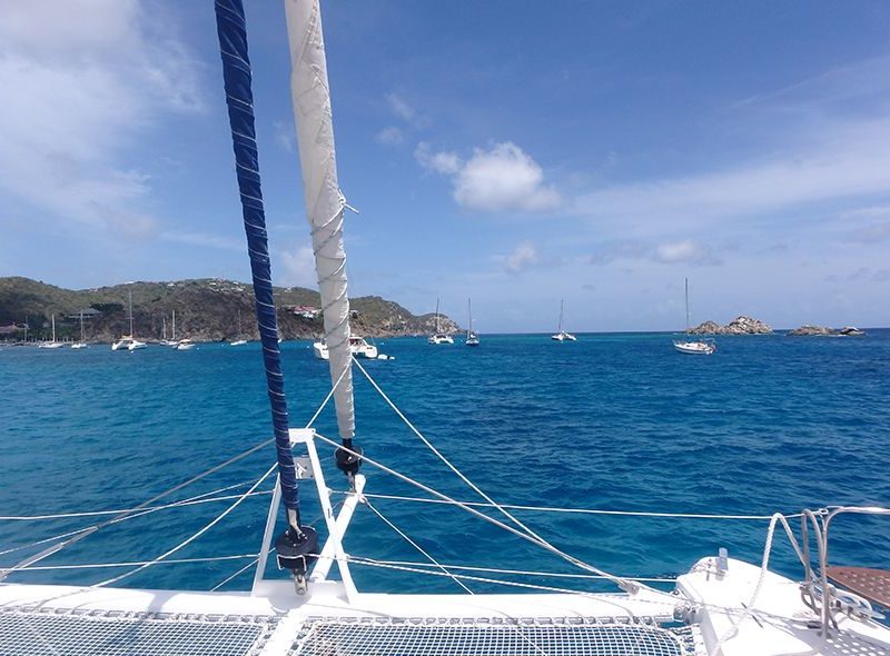 Broadreach sail and scuba catamaran anchored in St Barths Caribbean summer camp