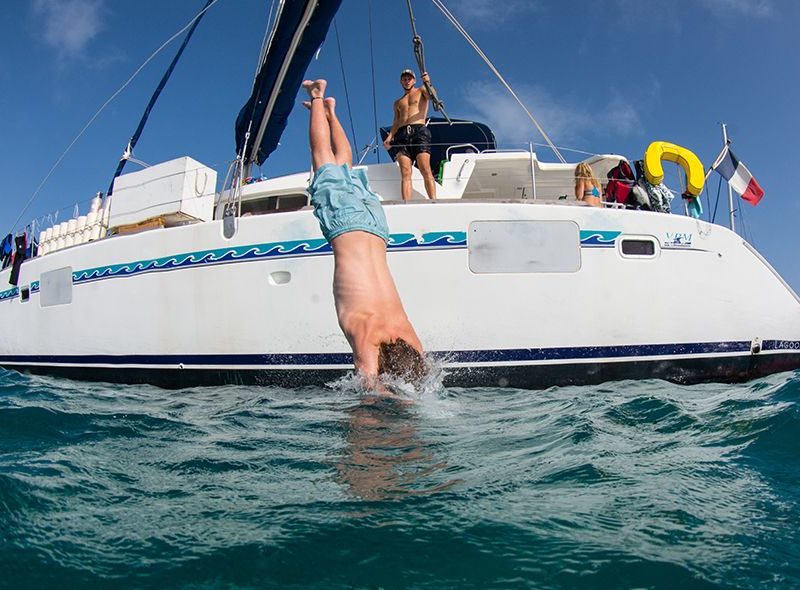 Teen diving into Caribbean sea on marine biology introductory camp