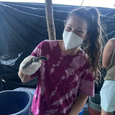 Student holds sea turtle hatchling in Costa Rica studying marine conservation