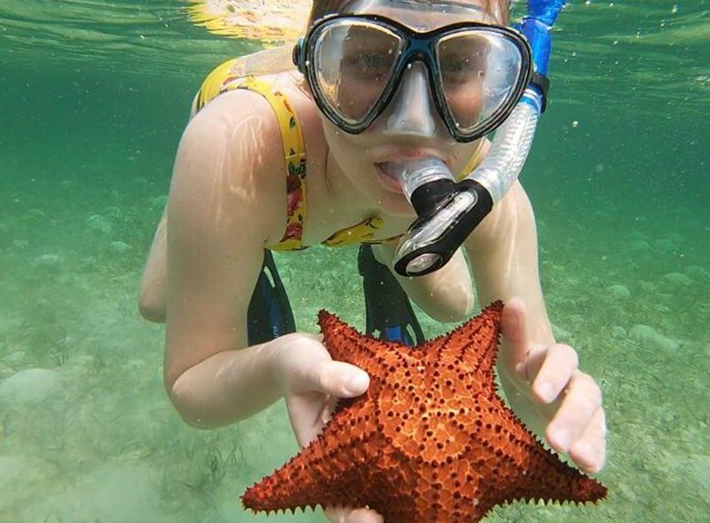 Teen snorkelling with star fish on summer camp marine biology