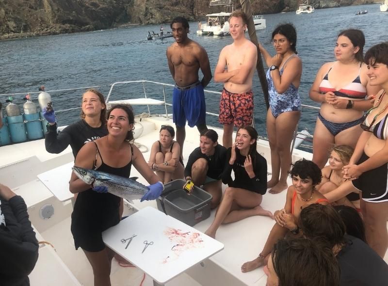 two marine biologist instructors with students during marine biology summer job in Caribbean aboard catamaran