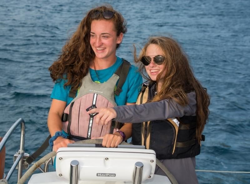 sailing instructor and high school student at the helm in the Caribbean