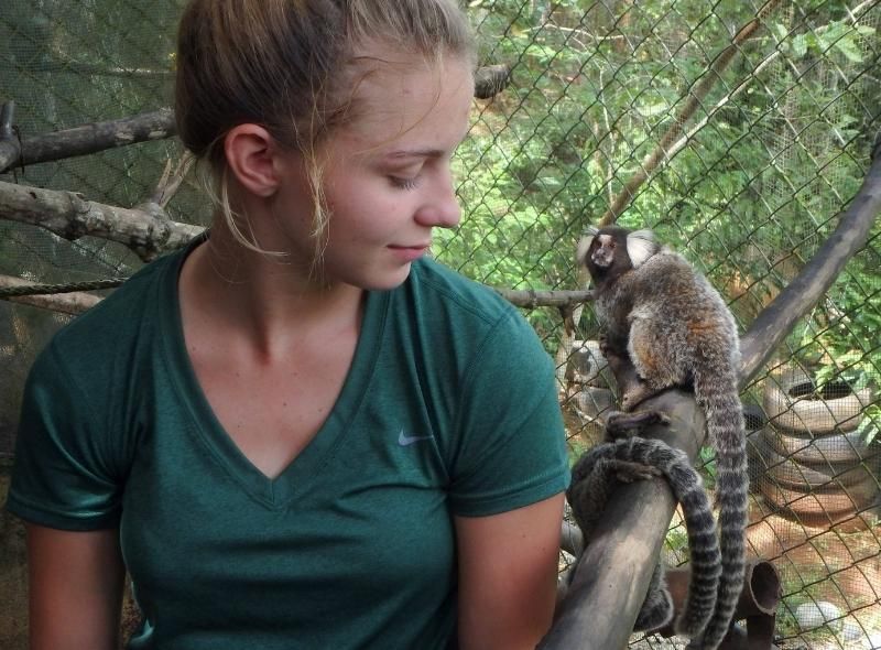Student in Costa Rica with marmoset on summer vet medicine camp