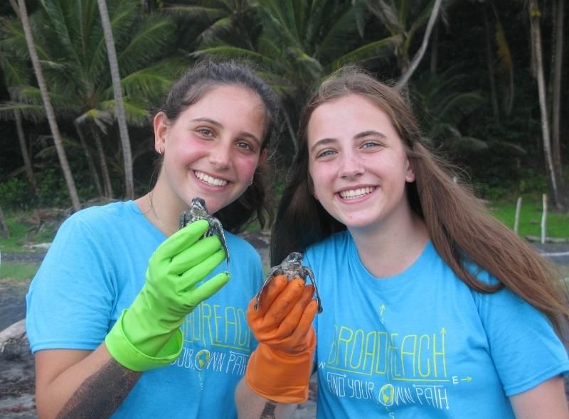Teenage girls hold sea turtle hatchlings on sea turtle conservation summer camp