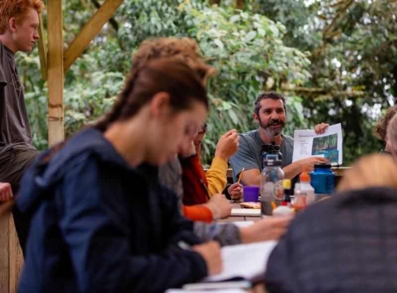 Group of teens with instructor learn about wildlife biology and ecology on biology summer travel program