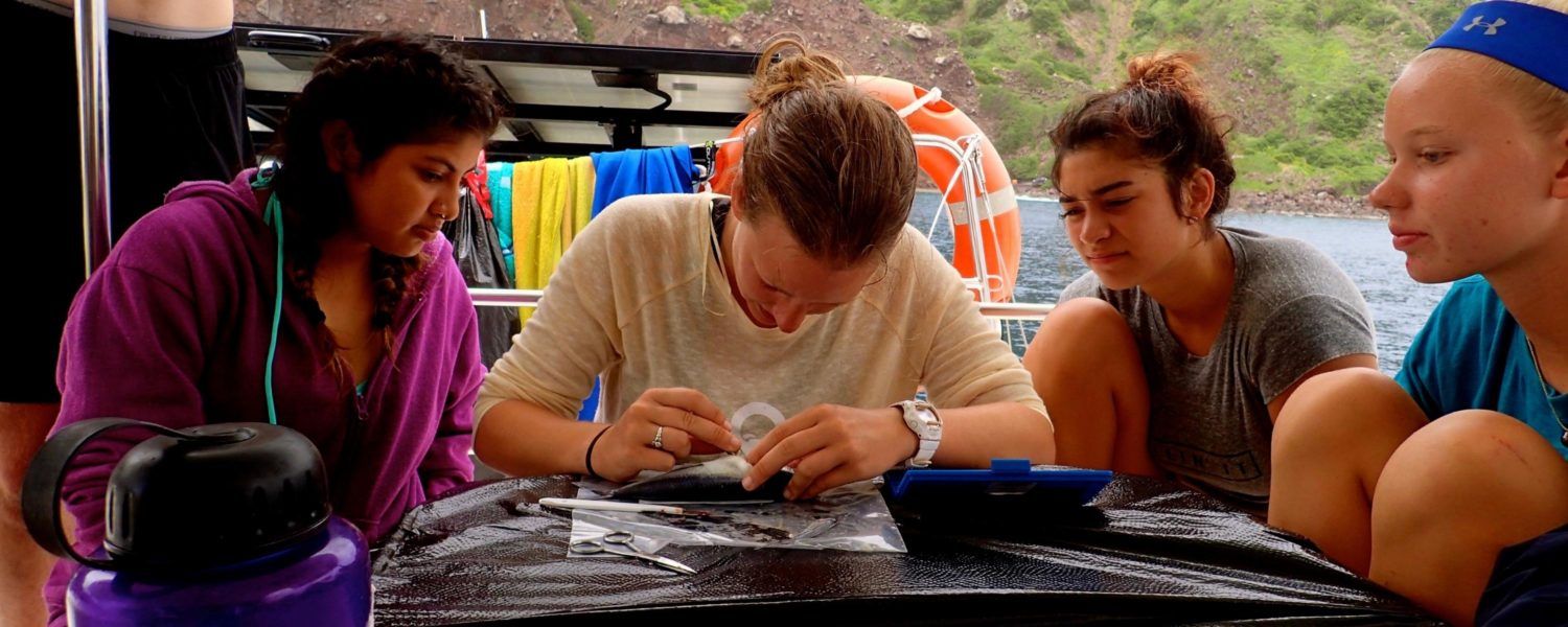 Marine biologist and Broadreach instructor Laura teaches marine biology to high school students on boat