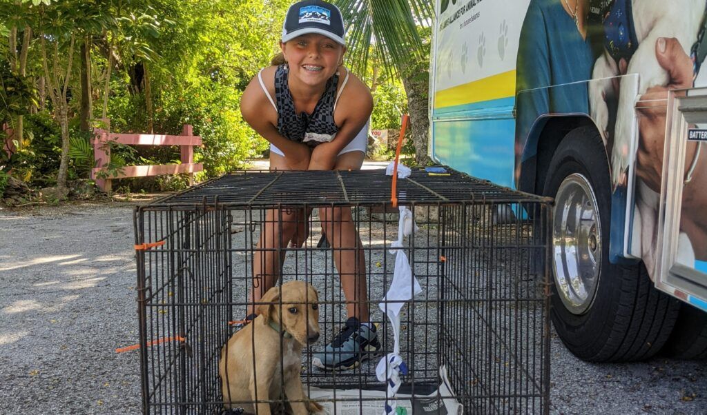 Teen middle school student with puppy in Bahamas animal care program