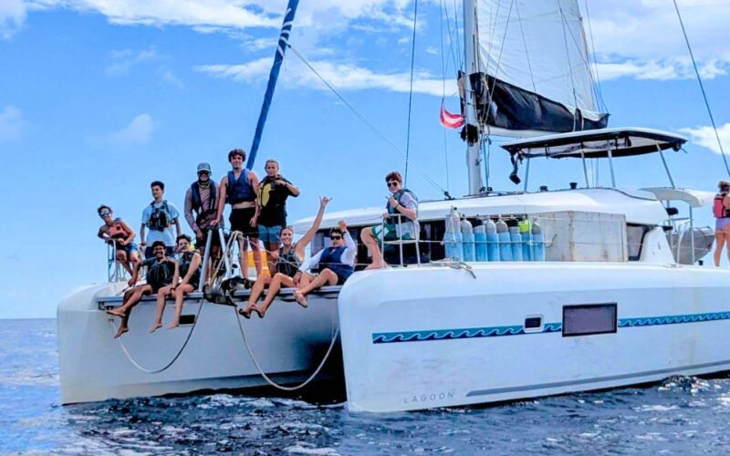 Catamaran sailboat in the Caribbean with high school students on board