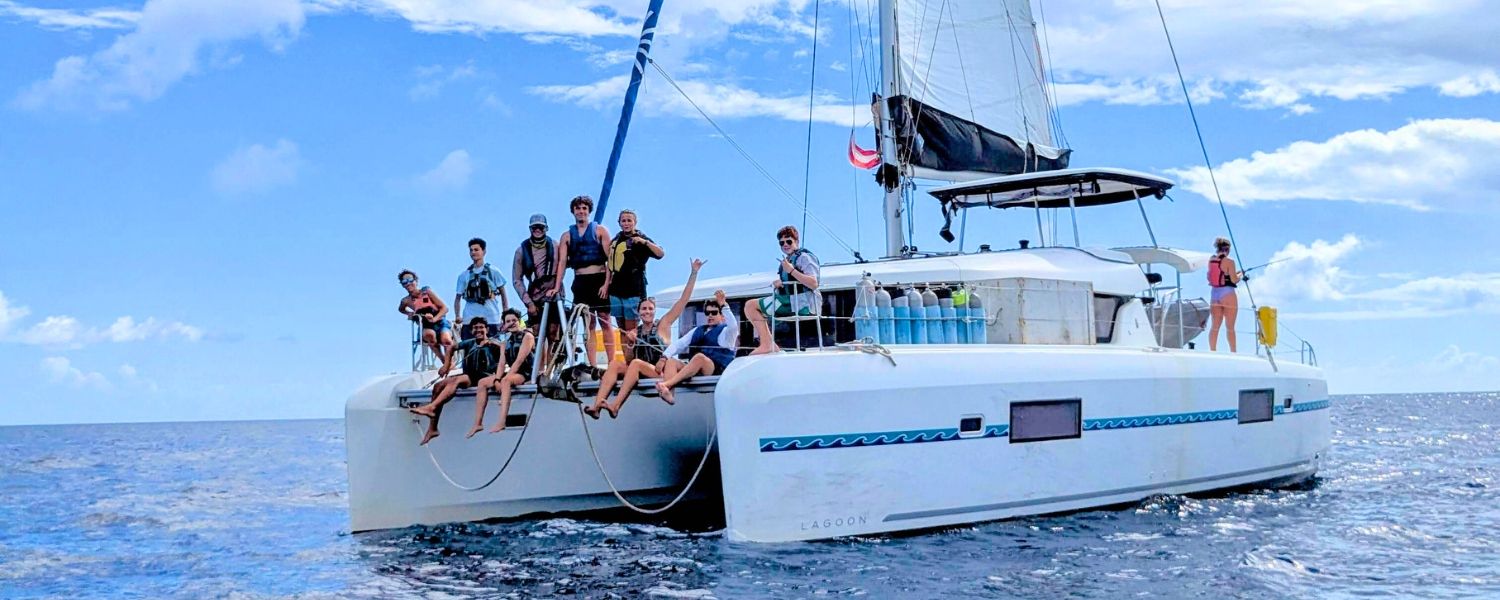 Catamaran sailboat in the Caribbean with high school students on board