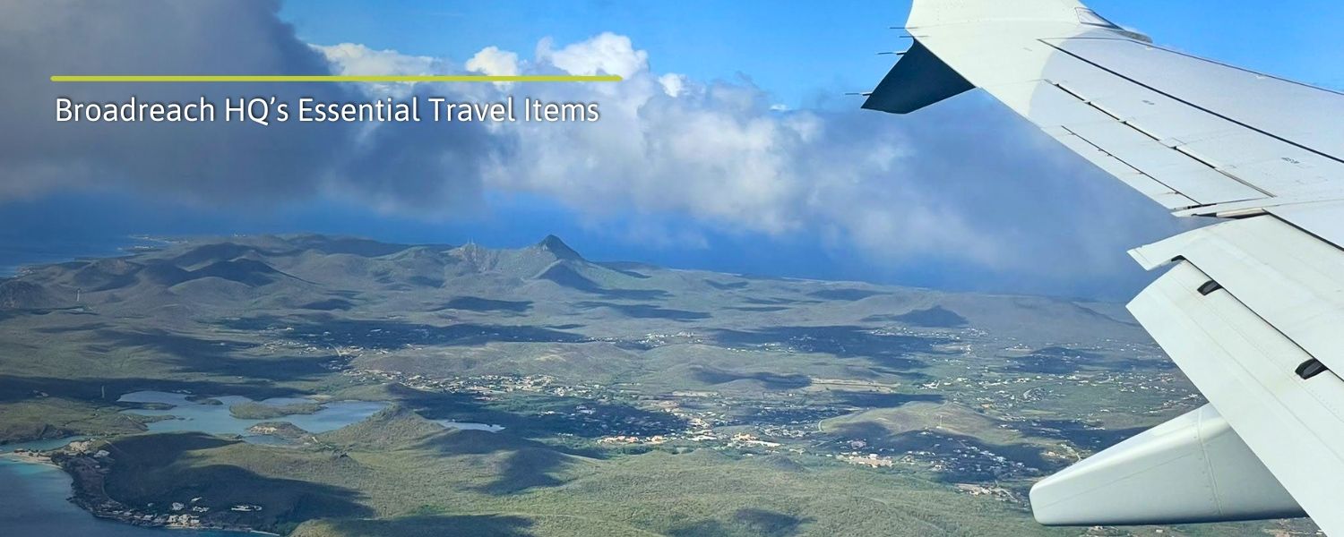 Aerial view of island with wing of airplane during trip