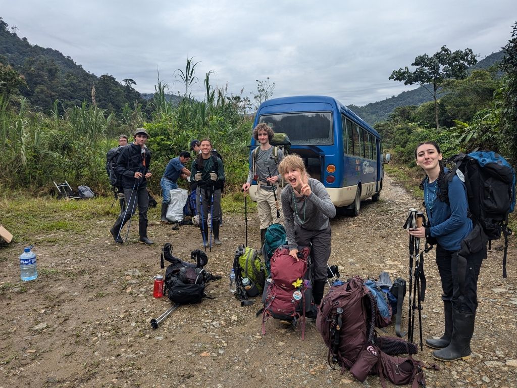 high school students in Amazon with backpacks and hiking gear