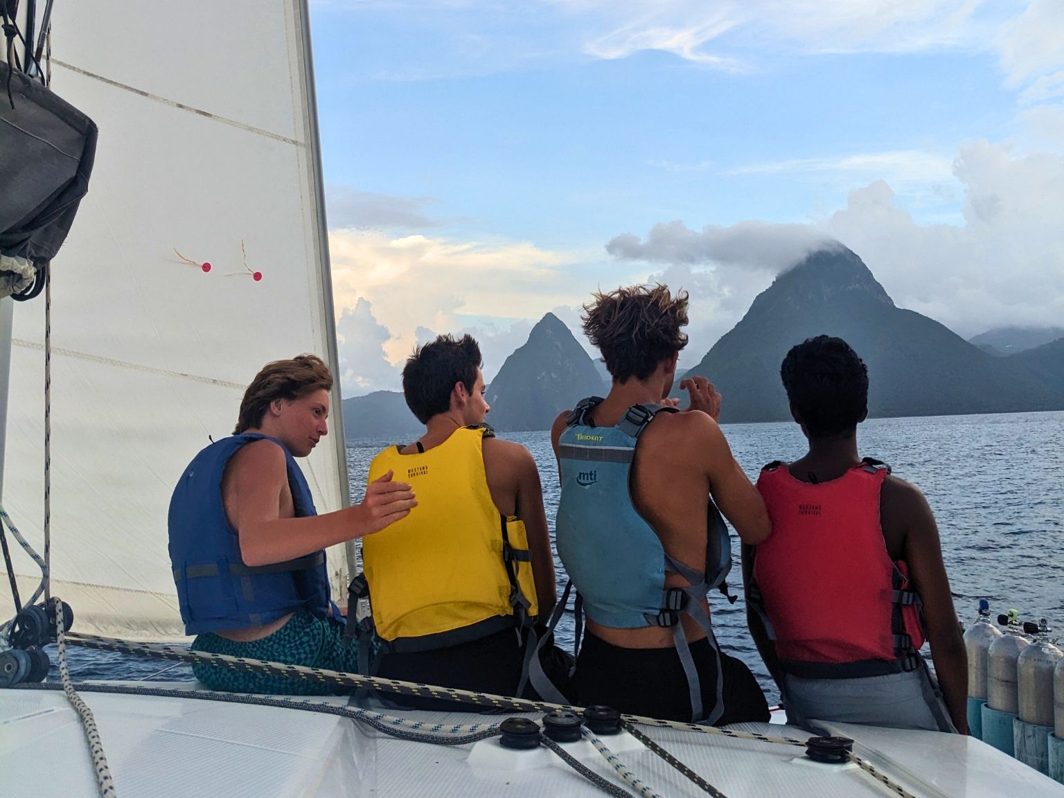View of the iconic Pitons mountains rising above the Caribbean Sea in St. Lucia